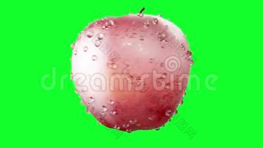 带水滴的红苹果在绿色屏幕上旋转。 水果背景。